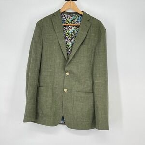 Indochino Olive Green Wool Linen Blazer Sport Coat Colorful‎ Lining Size 35L